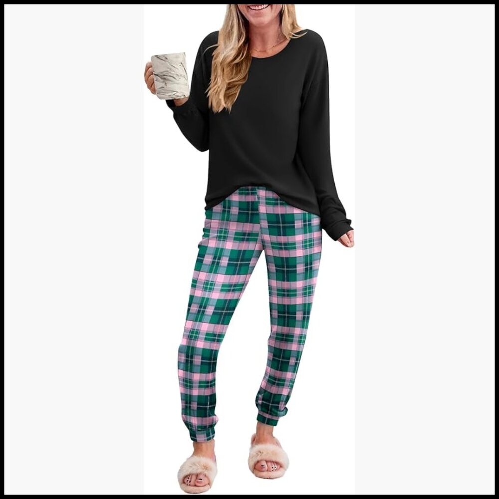 Long Sleeve Plaid Pajama Set with Pockets, Soft Fabric